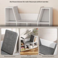 Ein weisses Bücherregal mit 6 Fächern und einem Sitzkissen in Leinenoptik.