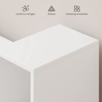 Ein weisses Bücherregal mit 6 Fächern und einem Sitzkissen in Leinenoptik.