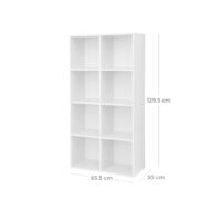 Weißes Bücherregal mit acht Würfeln, vielseitig für Bücher und Dekoration nutzbar.