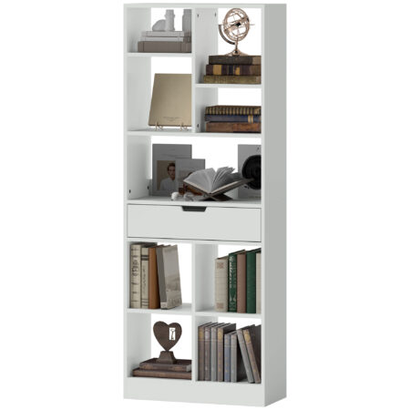 Bücherregal 9 Regale 1 Schublade mit Anti-Kippsicherung 60x26x158cm Weiss – Produktfoto zeigt modernes Design, hochwertige Materialien und funktionale Eigenschaften ideal für Wohn- oder Arbeitsbereiche. Perfekt als Einrichtungsinspiration oder zur Produktpräsentation in einem Onlineshop.