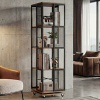 Bücherregal Standregal Drehregal Rollen Metall Industrial 147x40x40cm braun