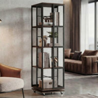 Bücherregal Standregal Drehregal Rollen Metall Industrial 147x40x40cm dunkelbraun