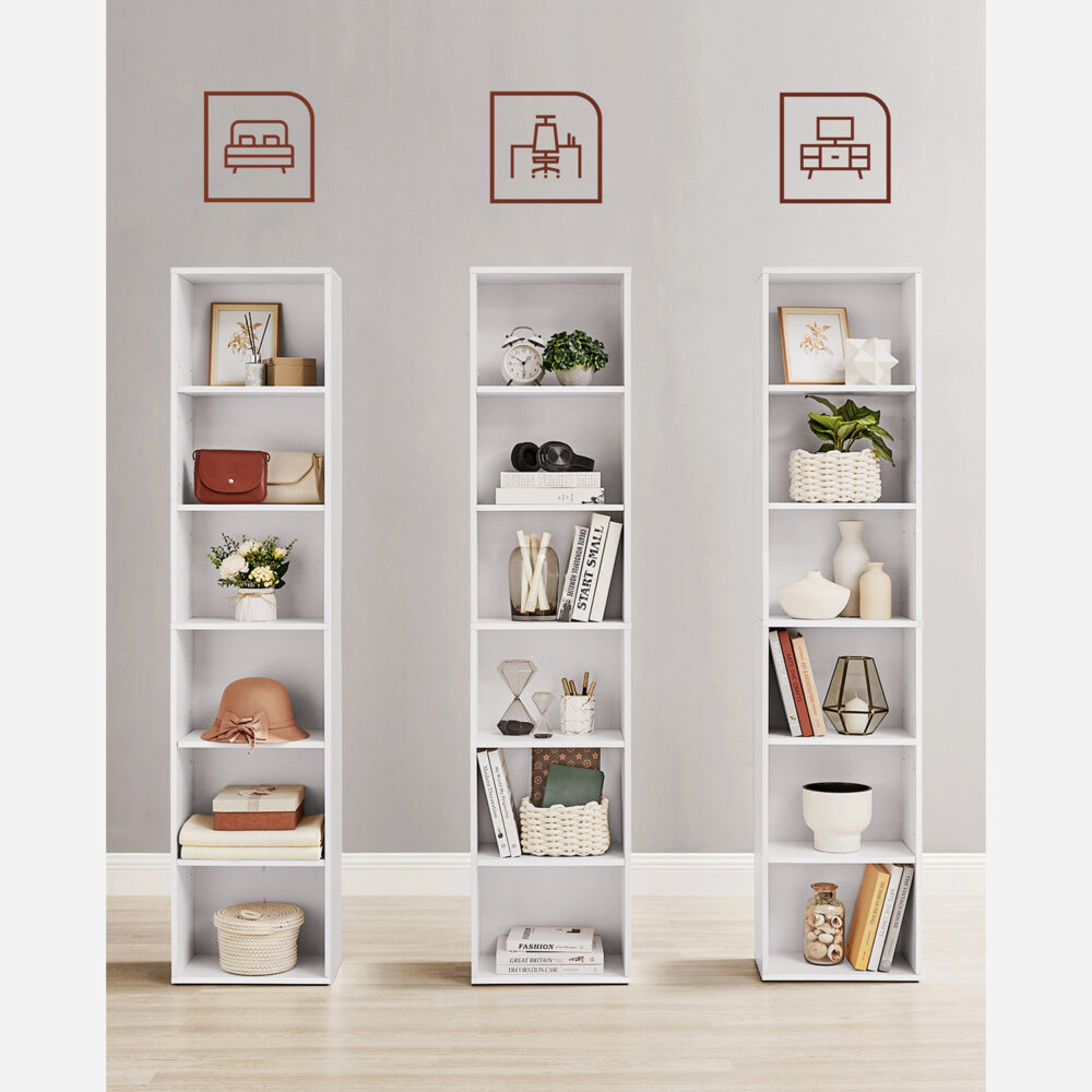 Weißes Bücherregal Luso mit sechs Fächern, praktisch und stilvoll.