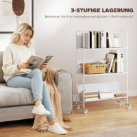 Bücherregal Aufbewahrungsregal mit Rollen und 3 Ebenen für Kinderzimmer weiss