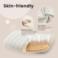 Detailaufnahme des gepolsterten Sitzes mit Memory Foam und hochwertigem Leinenstoff. Textinformationen erklären die weiche, atmungsaktive und komfortable Beschaffenheit des Materials.