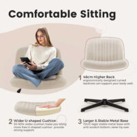 Eine Frau sitzt entspannt mit überkreuzten Beinen auf dem Bürostuhl. Grafiken zeigen die ergonomische Rückenlehne (48 cm Höhe), die breite U-förmige Sitzfläche sowie das stabile 72 cm große Metallfußkreuz mit Anti-Kratz-Beschichtung.