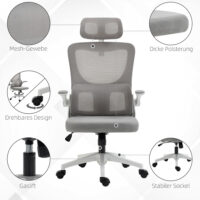 Bürostuhl ergonomisch höhenverstellbar mit Kopfstütze grau