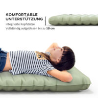 Camping Isomatte wasserabweisend, bis 80 kg, mit Fusspumpe, Farbe Grün.