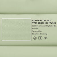 Camping Isomatte wasserabweisend, bis 80 kg, mit Fusspumpe, Farbe Grün.