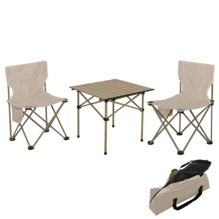 Camping Set faltbarer Tisch und 2 Klappstühle aus Metall weiß