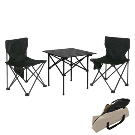 Faltbares Camping Set mit Tisch und 2 Klappstühlen schwarz