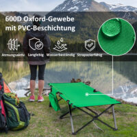 Campingbett klappbar mit Seitentasche, kompakt, Farbe Grün-Schwarz.