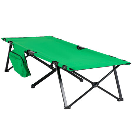 Campingbett klappbar mit Seitentasche, kompakt, Farbe Grün-Schwarz.
