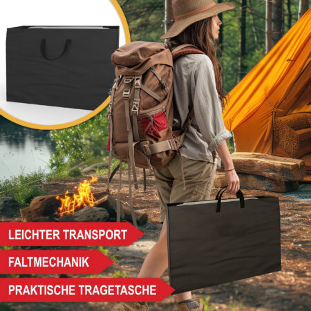 Grüner Campingstuhl mit praktischem Tisch und Kühltasche.