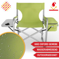 Grüner Campingstuhl mit praktischem Tisch und Kühltasche.