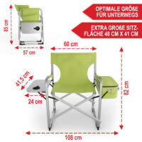 Grüner Campingstuhl mit praktischem Tisch und Kühltasche.
