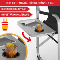 Komfortabler Campingstuhl mit Kühltasche und integriertem Tisch in Schwarz.