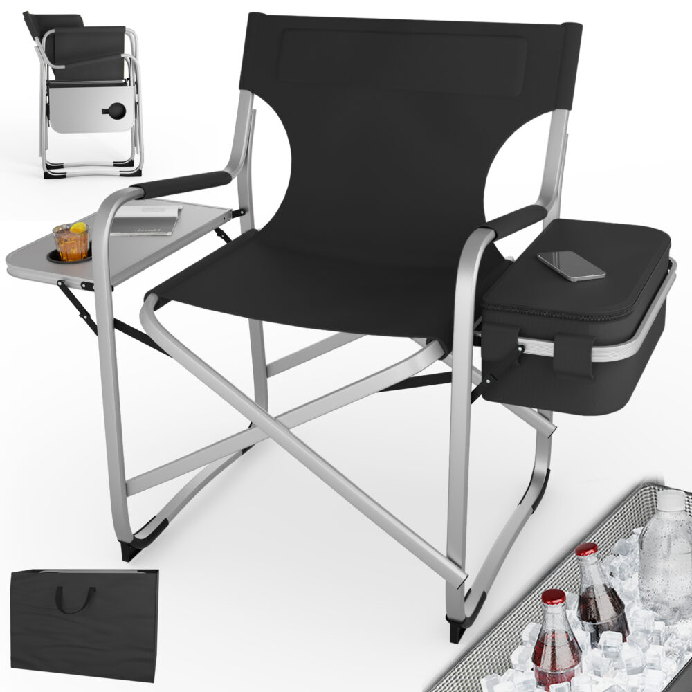 Komfortabler Campingstuhl mit Kühltasche und integriertem Tisch in Schwarz.