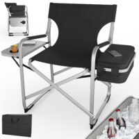 Komfortabler Campingstuhl mit Kühltasche und integriertem Tisch in Schwarz.