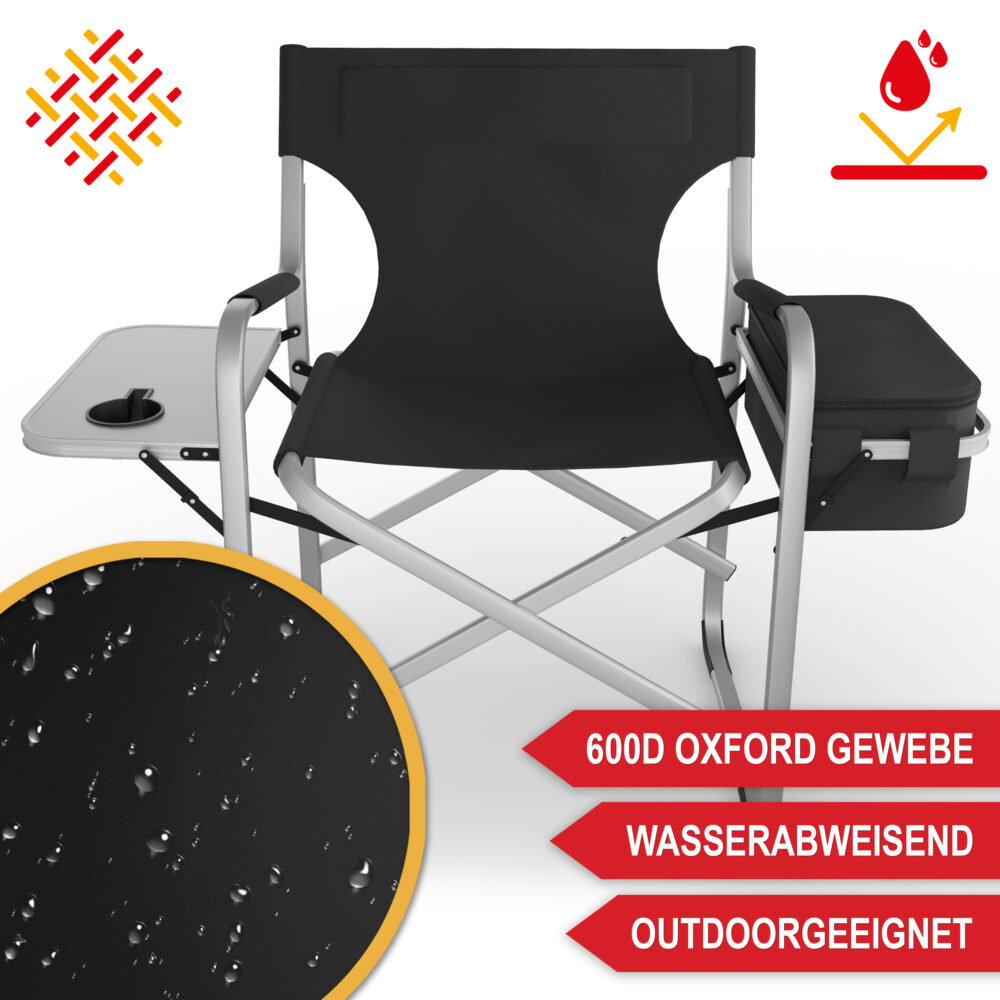 Komfortabler Campingstuhl mit Kühltasche und integriertem Tisch in Schwarz.