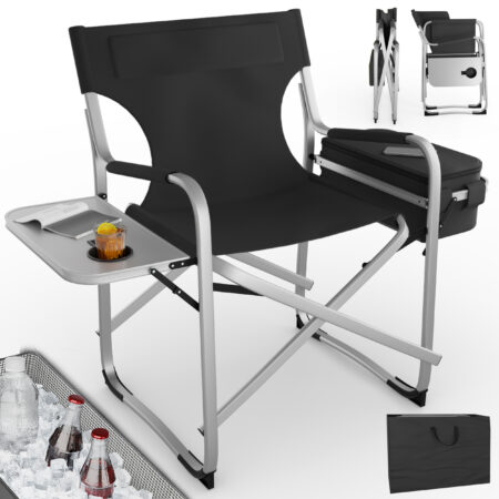 Komfortabler Campingstuhl mit Kühltasche und integriertem Tisch in Schwarz.