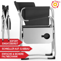 Komfortabler Campingstuhl mit Kühltasche und integriertem Tisch in Schwarz.