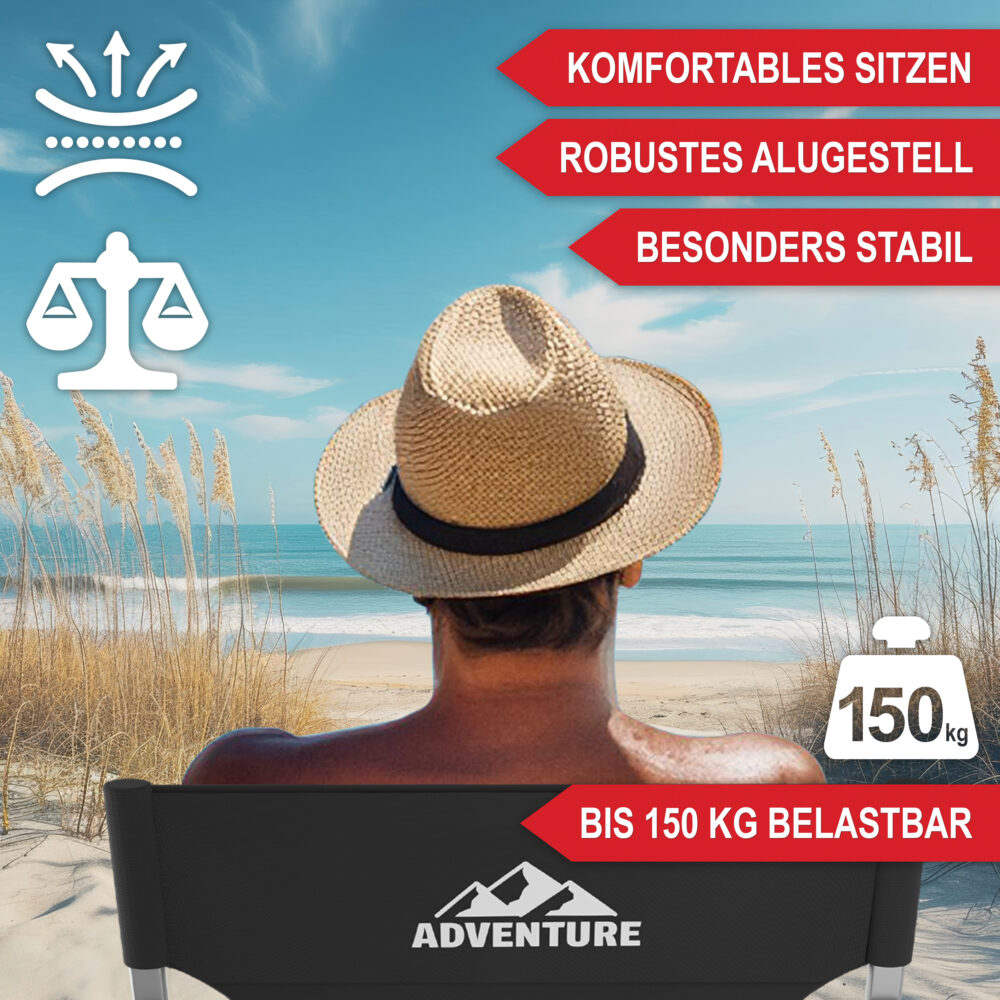 Komfortabler Campingstuhl mit Kühltasche und integriertem Tisch in Schwarz.