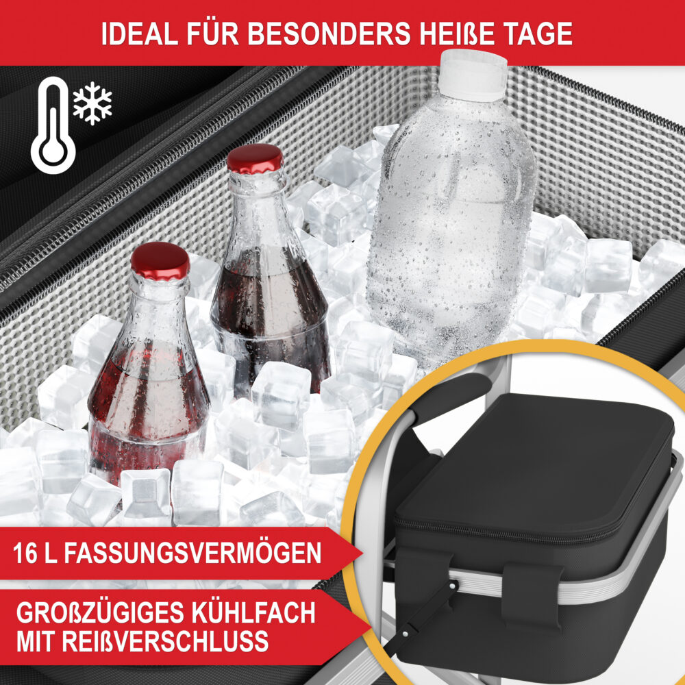 Komfortabler Campingstuhl mit Kühltasche und integriertem Tisch in Schwarz.