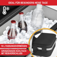 Komfortabler Campingstuhl mit Kühltasche und integriertem Tisch in Schwarz.