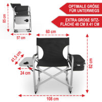 Komfortabler Campingstuhl mit Kühltasche und integriertem Tisch in Schwarz.
