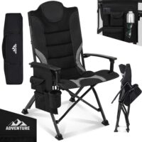 Bequemer Campingstuhl mit gepolsterter Sitzfläche in Grau-Schwarz.