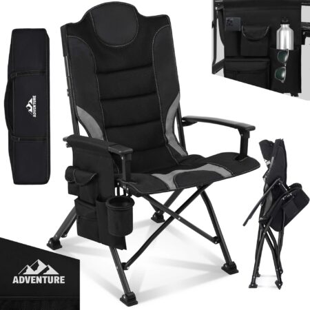 Bequemer Campingstuhl mit gepolsterter Sitzfläche in Grau-Schwarz.