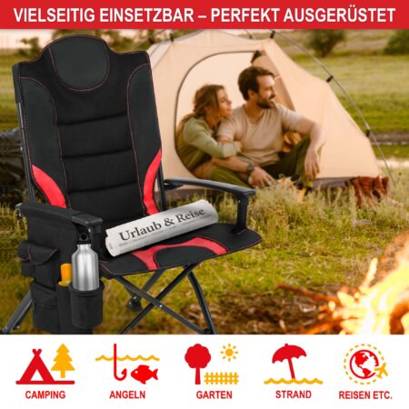 Robuster Campingstuhl mit gepolsterter Lehne in Rot-Schwarz.