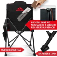 Robuster Campingstuhl mit gepolsterter Lehne in Rot-Schwarz.
