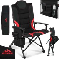 Robuster Campingstuhl mit gepolsterter Lehne in Rot-Schwarz.