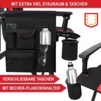 Robuster Campingstuhl mit gepolsterter Lehne in Rot-Schwarz.
