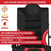 Robuster Campingstuhl mit gepolsterter Lehne in Rot-Schwarz.