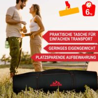 Robuster Campingstuhl mit gepolsterter Lehne in Rot-Schwarz.