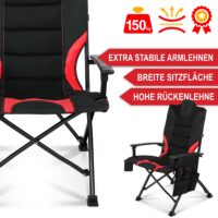 Robuster Campingstuhl mit gepolsterter Lehne in Rot-Schwarz.