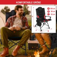 Robuster Campingstuhl mit gepolsterter Lehne in Rot-Schwarz.