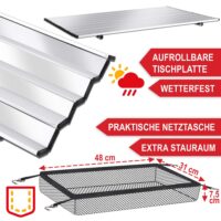 Silberfarbener Klapptisch, platzsparend und leicht transportierbar.
