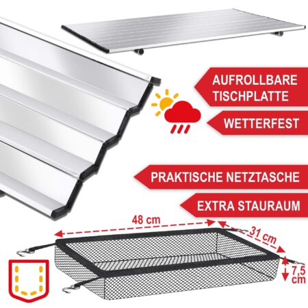 Silberfarbener Klapptisch, platzsparend und leicht transportierbar.