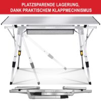 Silberfarbener Klapptisch, platzsparend und leicht transportierbar.