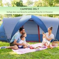 Campingzelt für 4 Personen mit UV-Schutz, 2 Räume, Farbe Blau & Weiß.