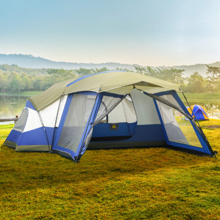 Campingzelt für 6–8 Personen, wasserdicht und geräumig, Farbe Blau.