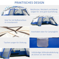 Campingzelt für 6–8 Personen, wasserdicht und geräumig, Farbe Blau.