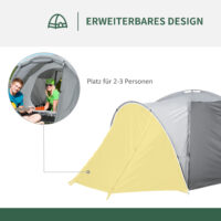 Campingzelt für 2–3 Personen, wetterfest mit Transporttasche, Farbe Grau.