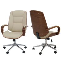 Chefsessel Drehstuhl creme Kunstleder mit Bugholz Walnuss-Optik