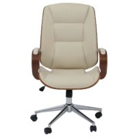 Chefsessel Drehstuhl creme Kunstleder mit Bugholz Walnuss-Optik