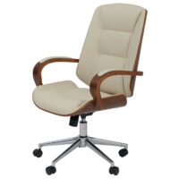Chefsessel Drehstuhl creme Kunstleder mit Bugholz Walnuss-Optik